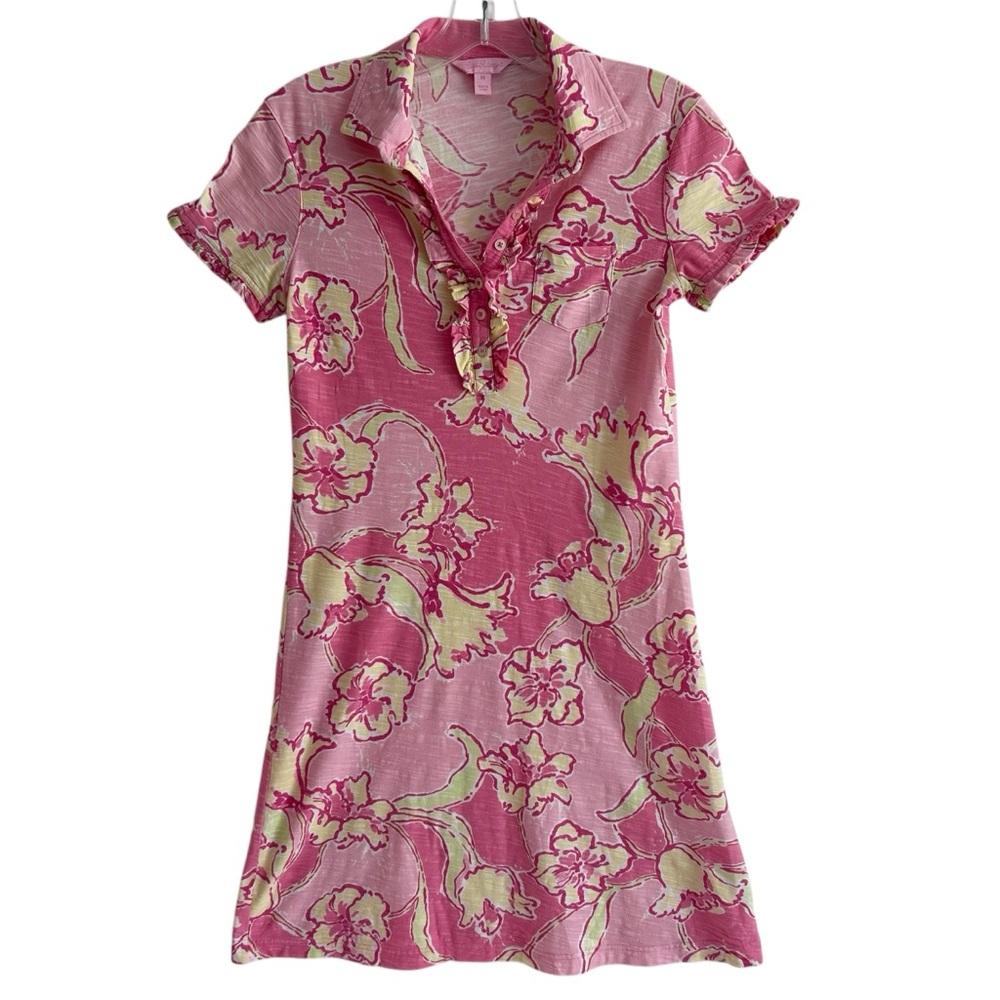 Lilly Pulitzer Hotty Pink Yellow Daylily Polo Style Cotton Dress XS